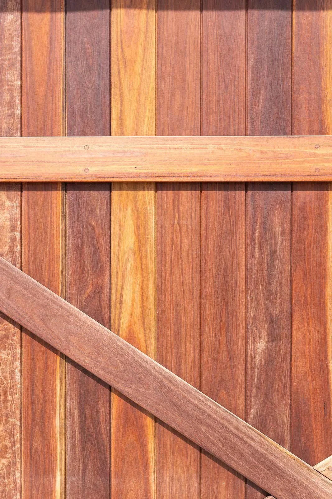 Close-up of a wooden gate with vertical planks and a diagonal support beam.