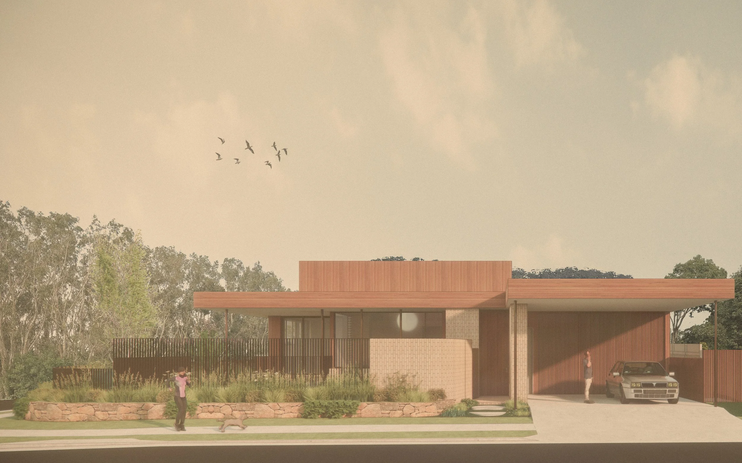 Modern house with flat roof and brick accents, surrounded by trees and a fence. Two people and a dog are outside, one person is near a car in the driveway, and a flock of birds is flying in the sky.