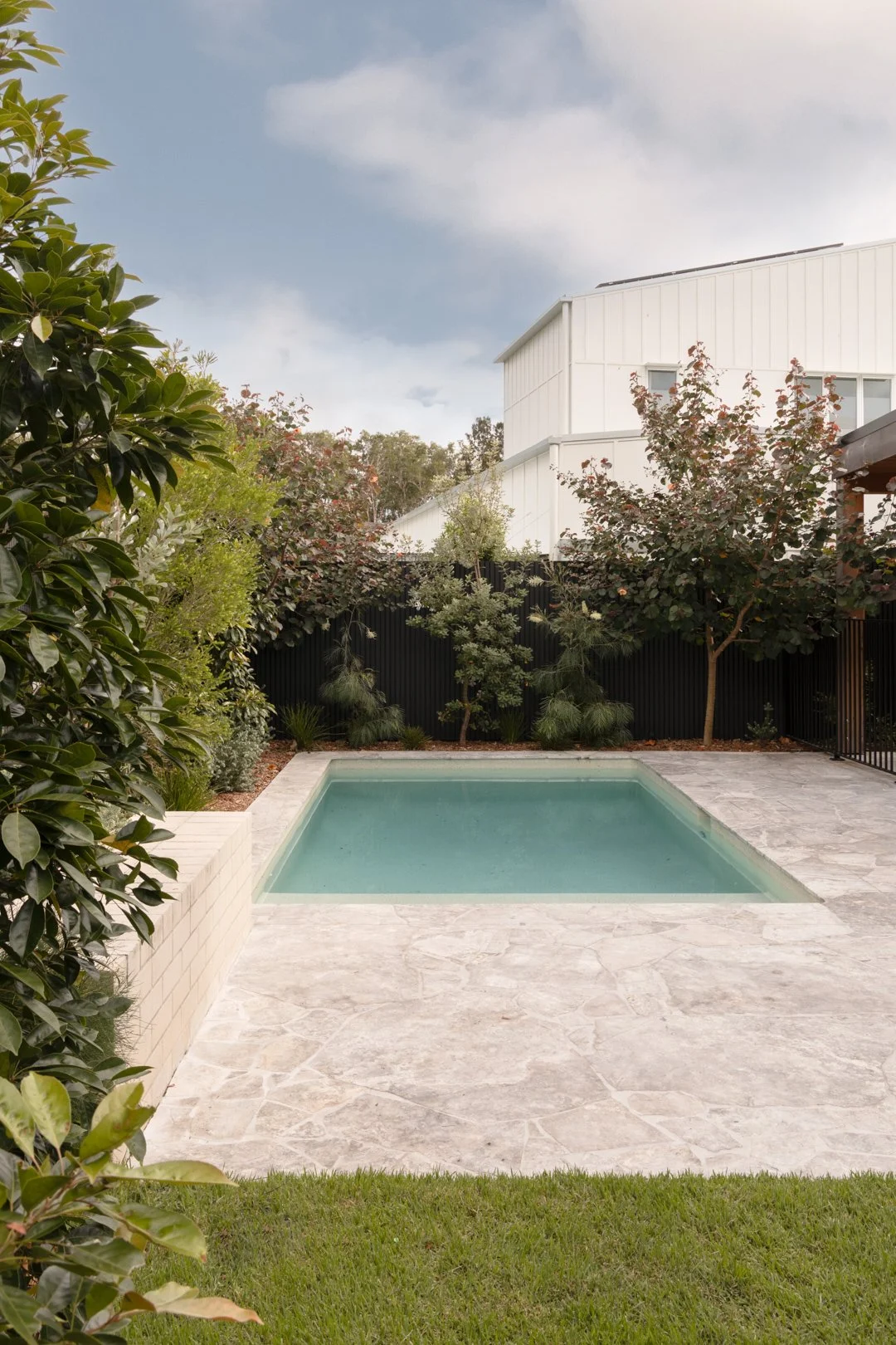 A small rectangular pool in a backyard, surrounded by lush green plants, trees, and a stone patio, with a white building in the background and cloudy sky overhead.