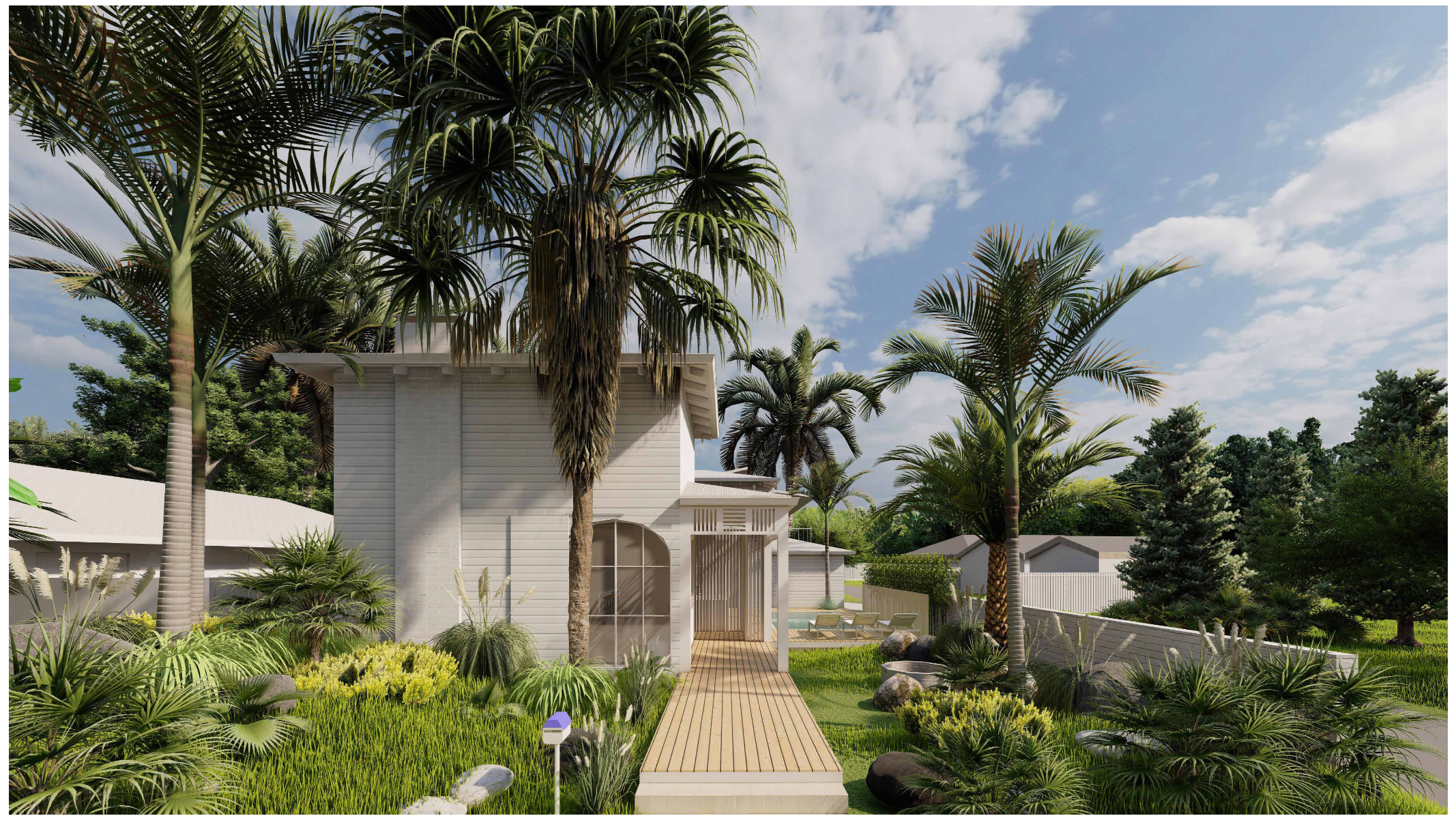 A lush tropical backyard with tall palm trees, a wooden walkway leading to a modern white house with large windows, surrounded by vibrant green plants and a white fence. There's a sitting area with lounge chairs near a small pool in the background under a partly cloudy sky.