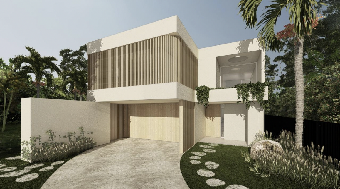 Modern two-story house with a curved driveway, surrounded by lush greenery, trees, and plants, featuring white walls and wooden accents on the front facade.