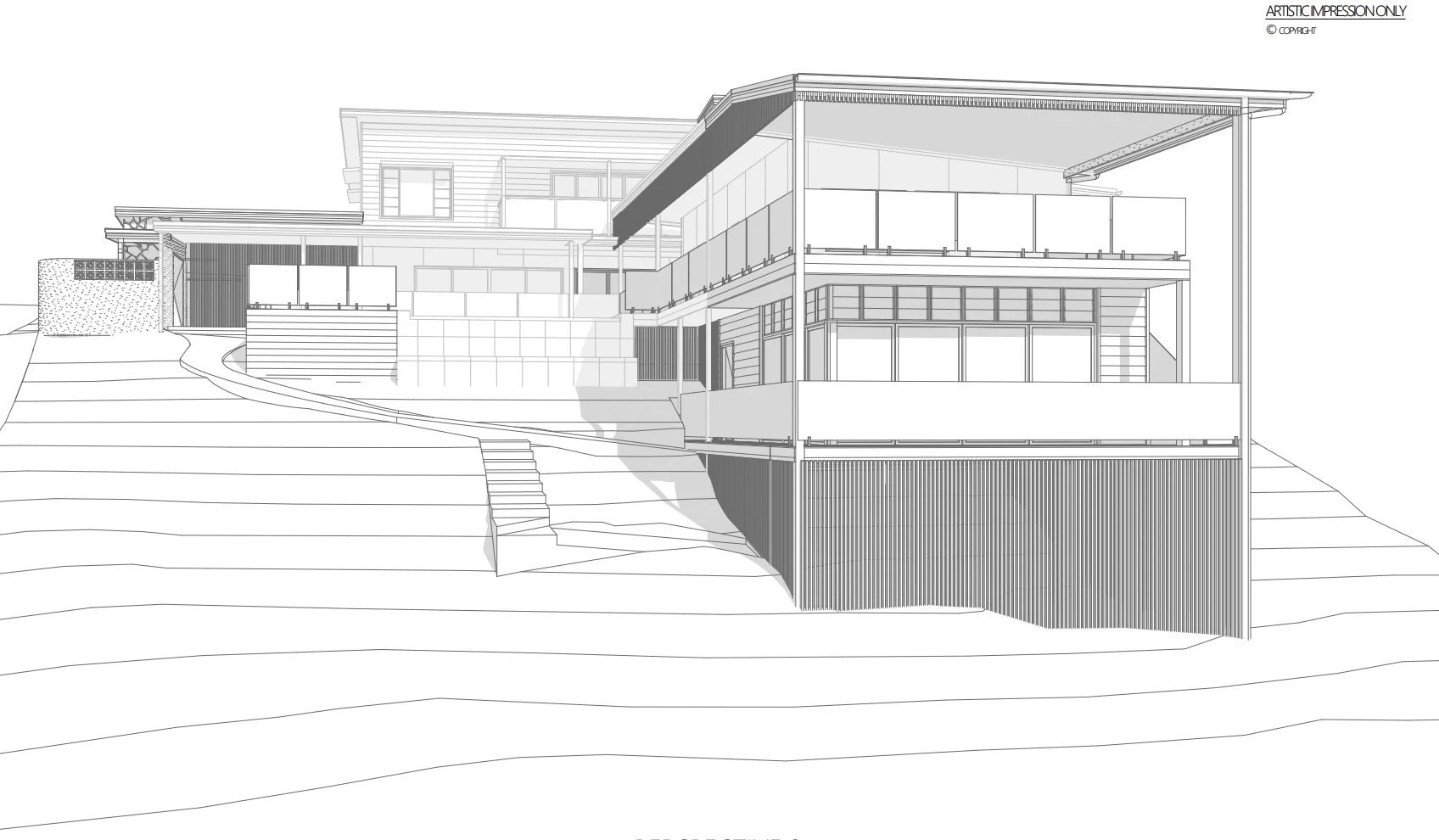 Architectural drawing of a multi-story house with large windows and balconies on a sloped terrain.