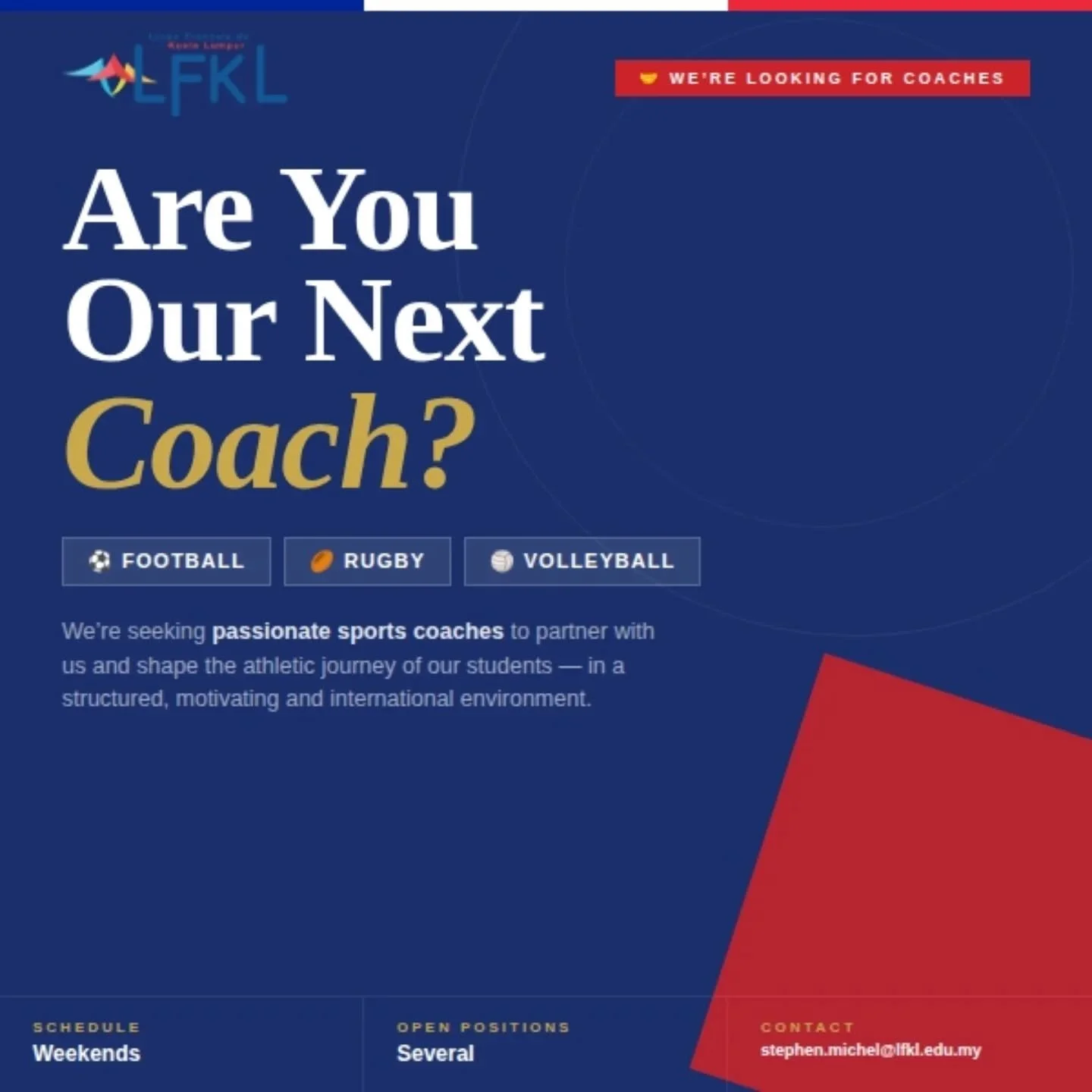 Join Our Coaching Team &ndash; Sports Academy

Our newly established Sports Academy is looking for passionate coaches to guide students and adults in rugby, volleyball, and football during weekend sessions.

This is a part-time, weekend-based engagem
