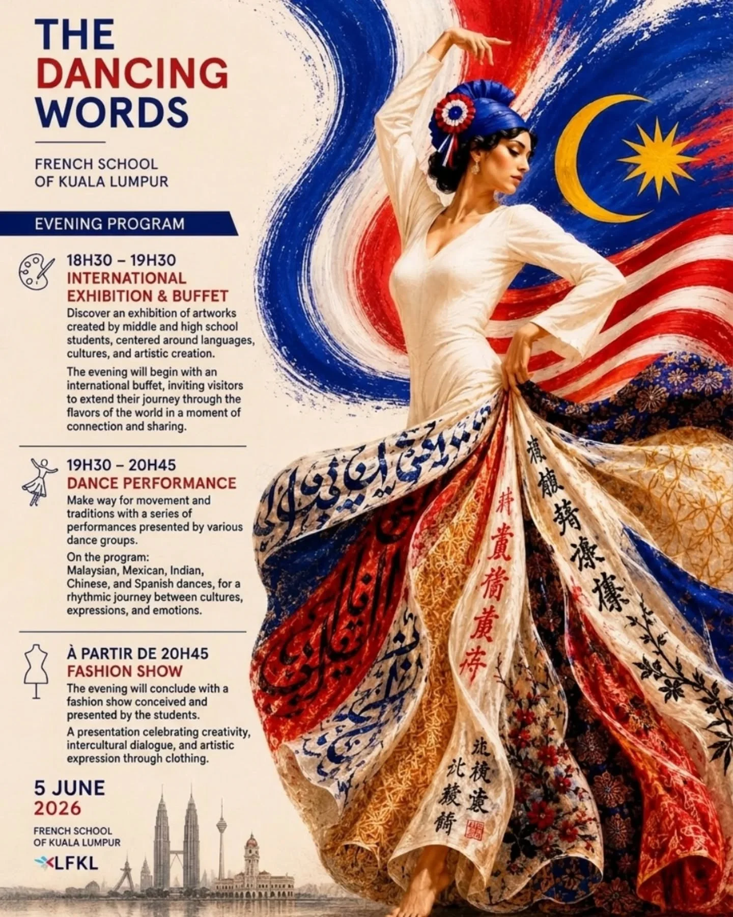 ✨ Where cultures intertwine&nbsp;and art comes to life.&nbsp;✨

The French School of Kuala Lumpur invites you to an extraordinary evening where languages, arts, and traditions meet on stage and on your plate. Come and experience the boundless creativ