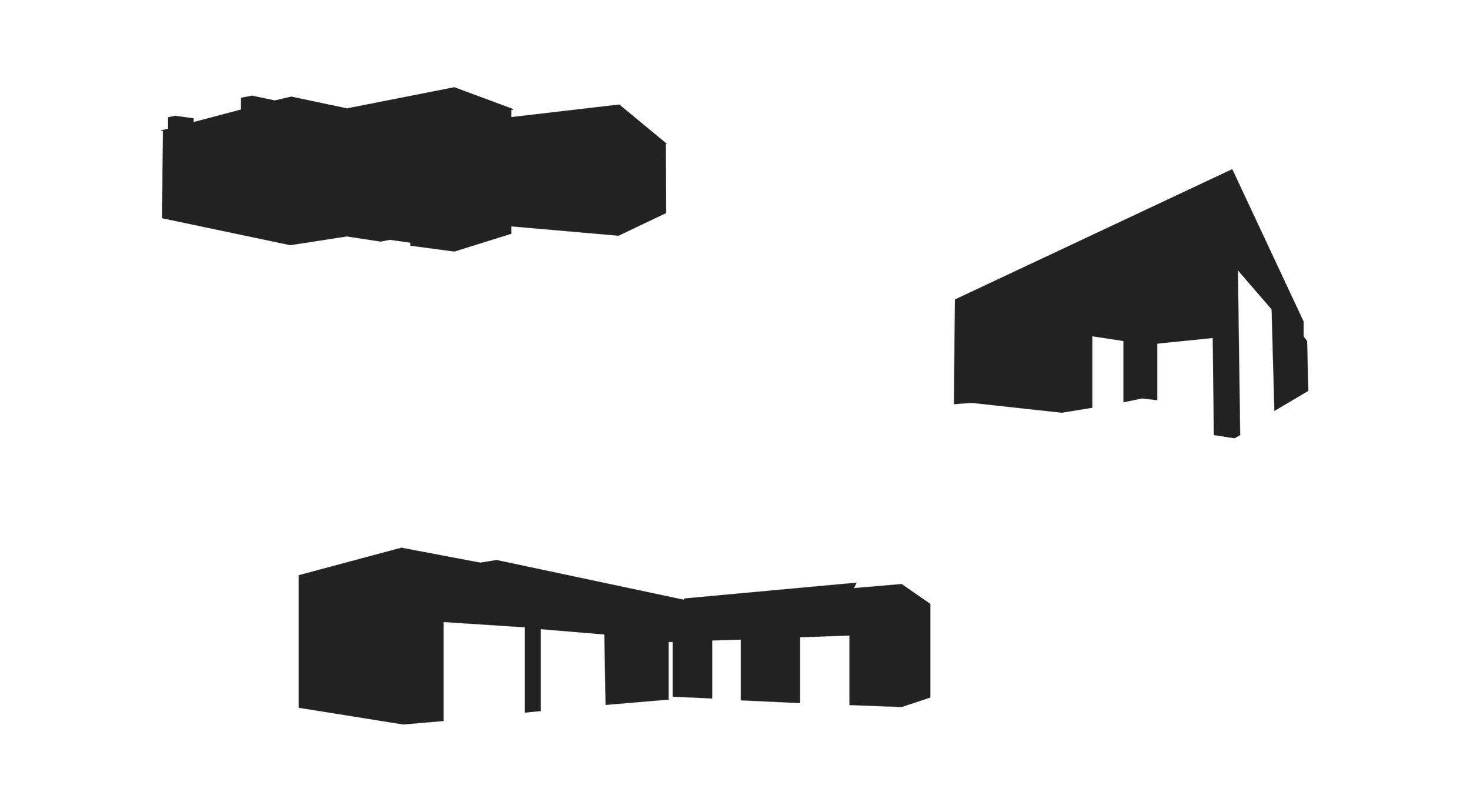 Esquema en blanco y negro de diferentes modelos de casas, incluyendo una casa con garaje y una casa con porche, vista en diferentes perspectivas.