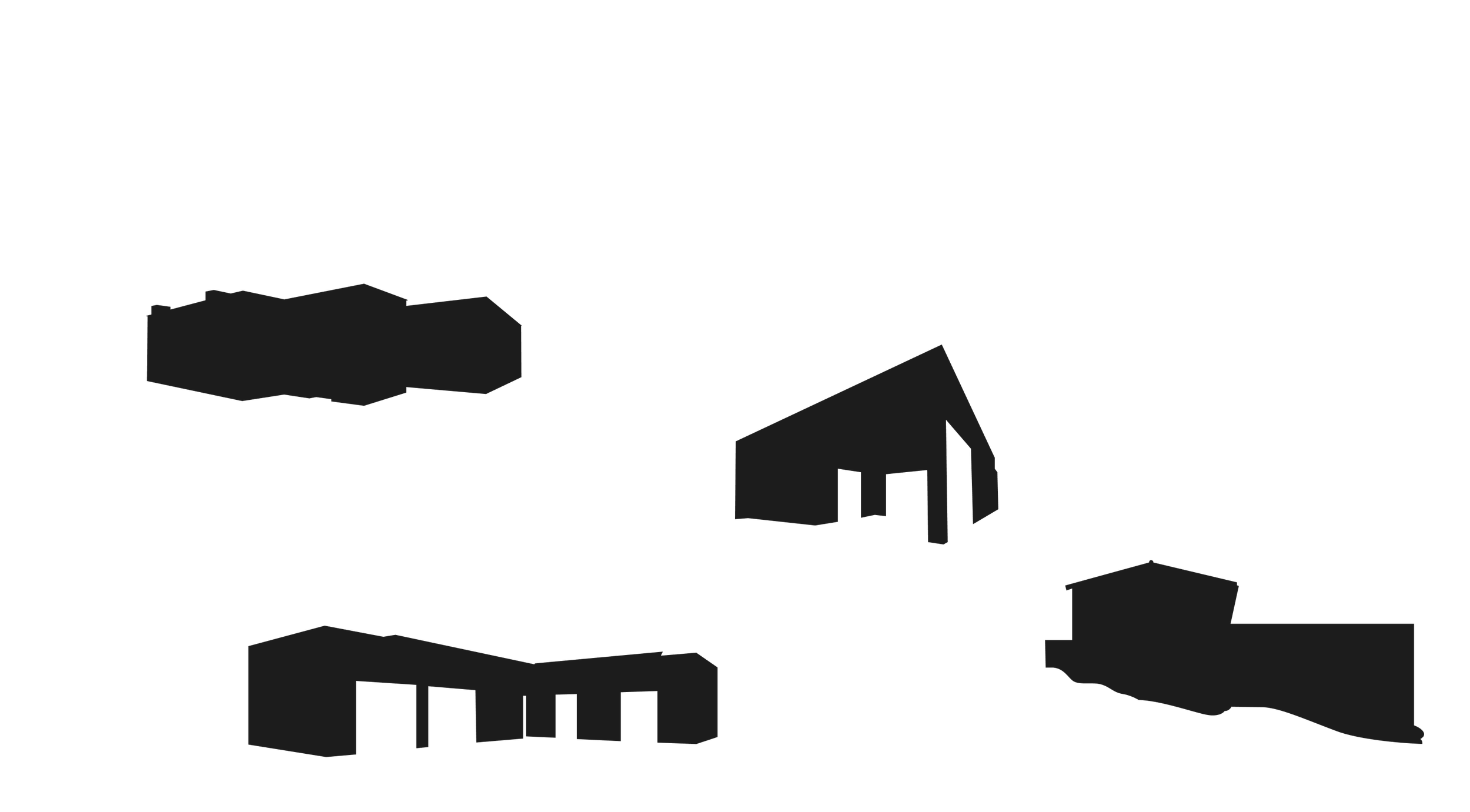 Dibujo en sombras de un paisaje urbano con varias casas y edificios, algunos con techos inclinados, en un entorno nocturno.