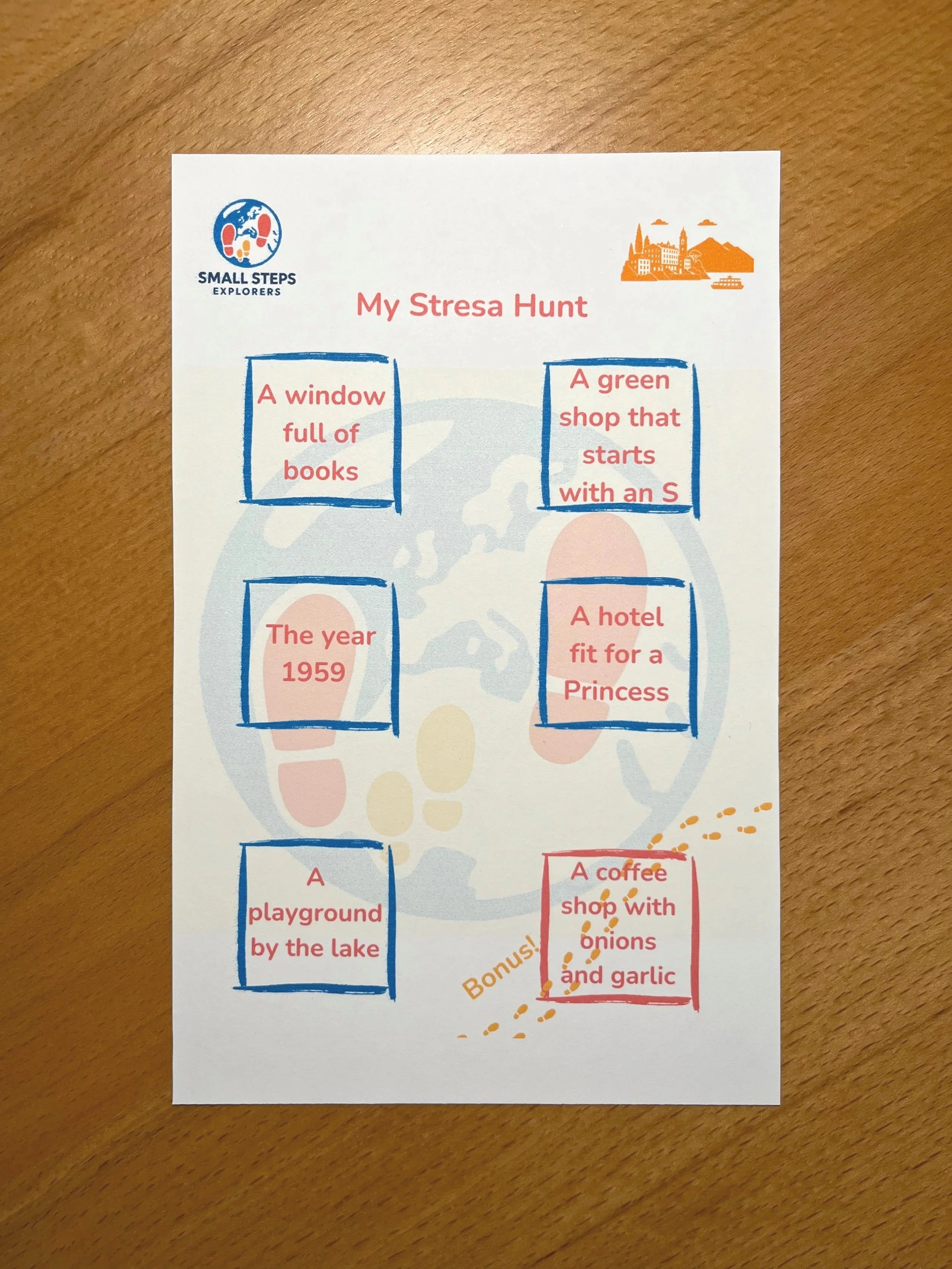 Small Steps Explorers My Stresa Hunt sheet showing five clues including a playground by the lake and a hotel fit for a Princess