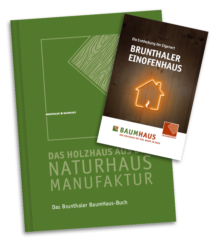 Das Titelbild des Buches "Das Holzhaus aus der Naturhaus-Manufaktur Brunthaler" und eines kleinen Büchleins zum Brunthaler-Einofenhaus.