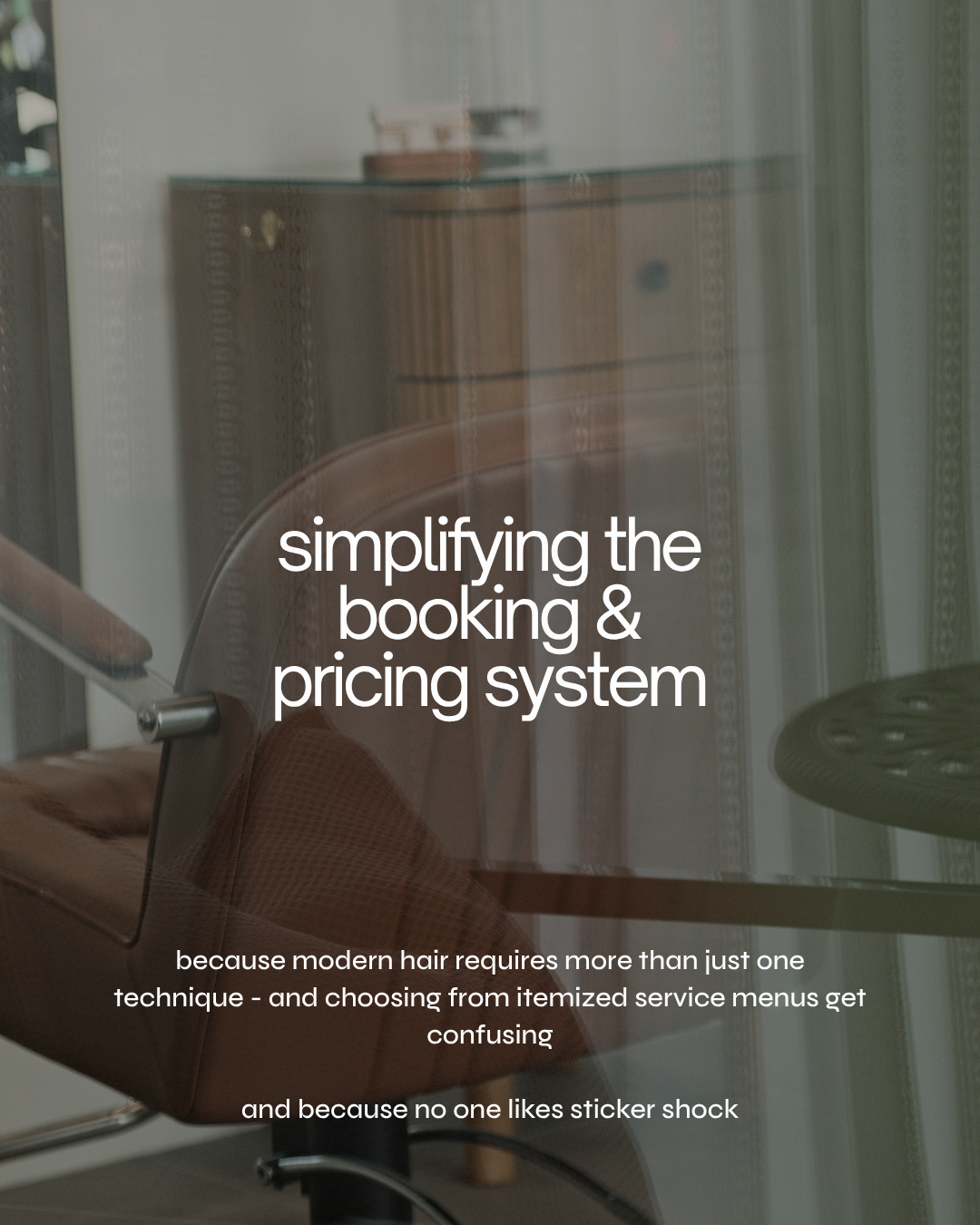 Modern hair salon interior with a styling chair and text about simplifying the booking and pricing system