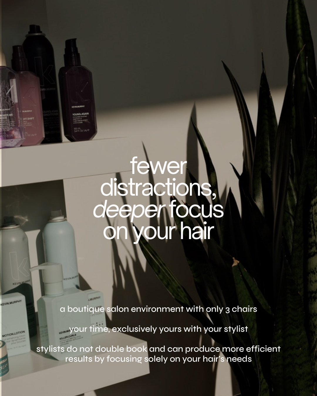 Boutique hair salon product display with Kevin.Murphy hair care bottles and tall snake plants, promoting fewer distractions and deeper focus.