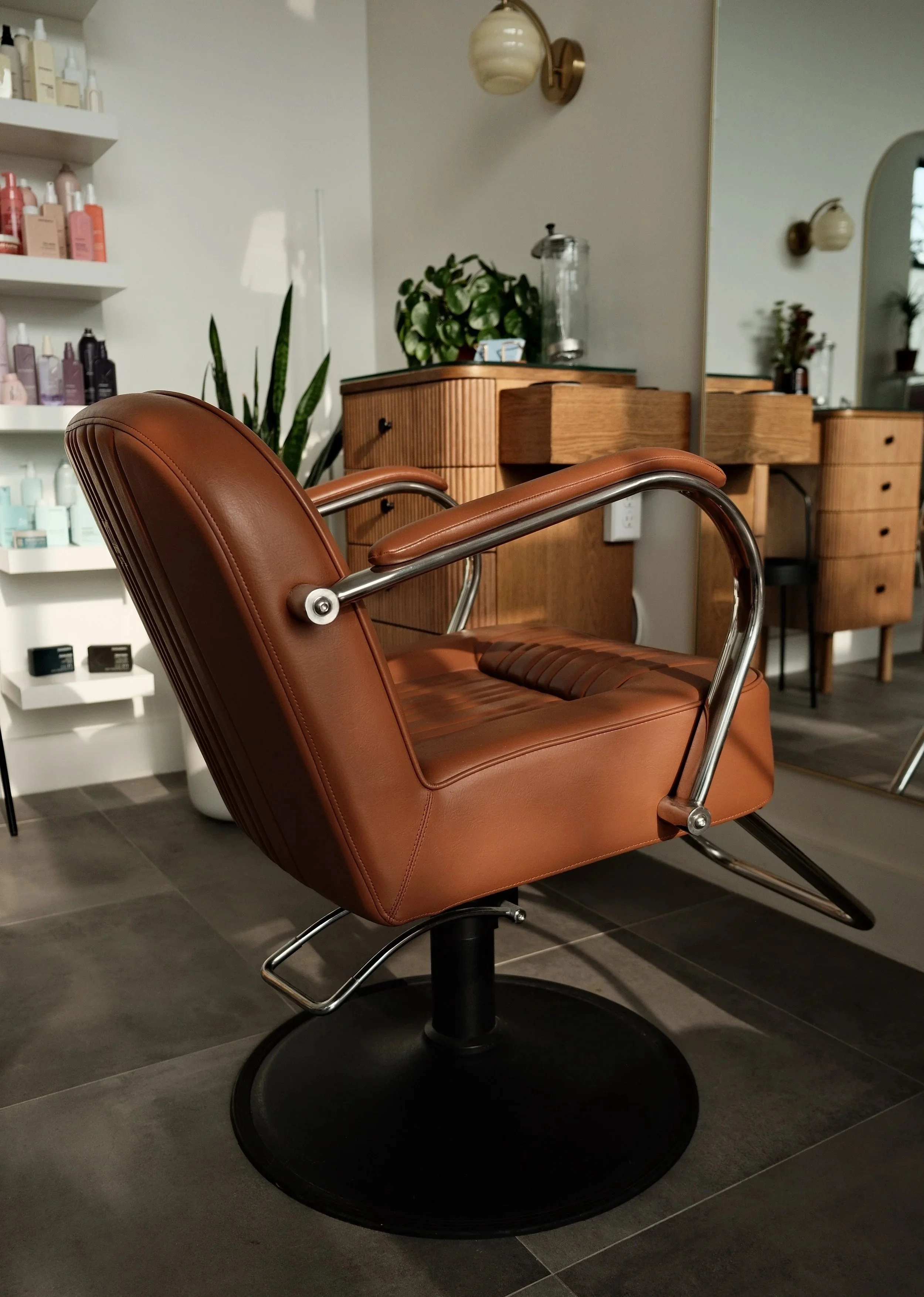 Brown leather salon chair in a beauty salon with product shelves, plants, a mirror, and wooden cabinets.