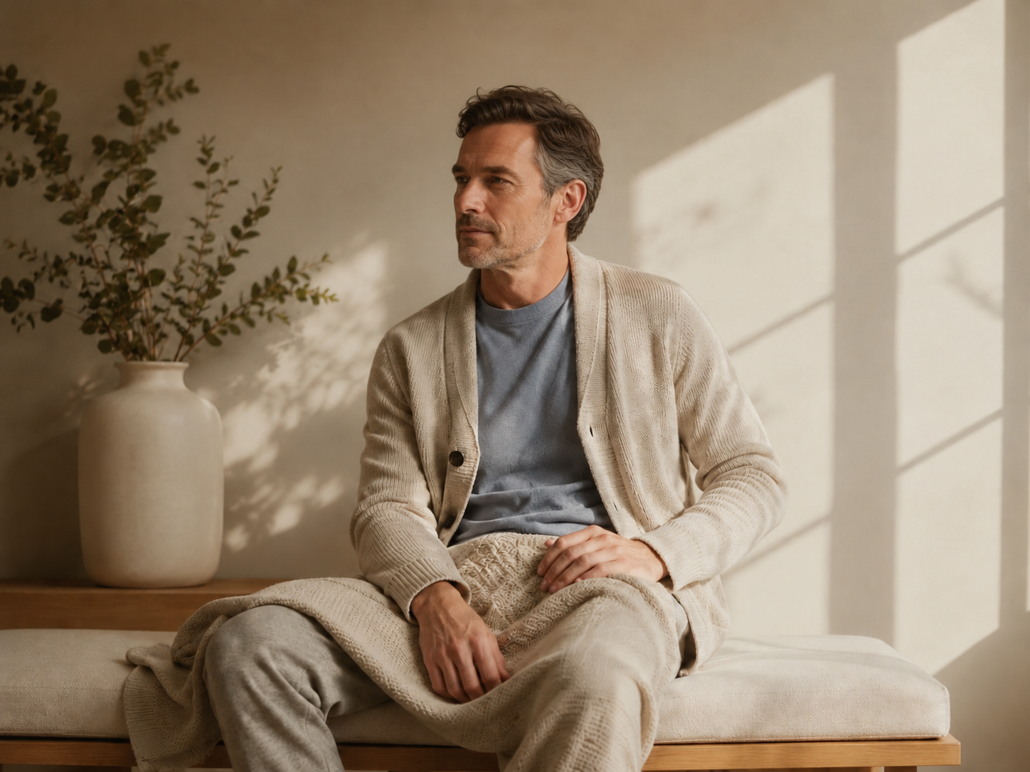 Uomo seduto su una panca, vestito con abbigliamento beige, in una stanza con luci naturali e una grande pianta in un vaso bianco sullo sfondo.