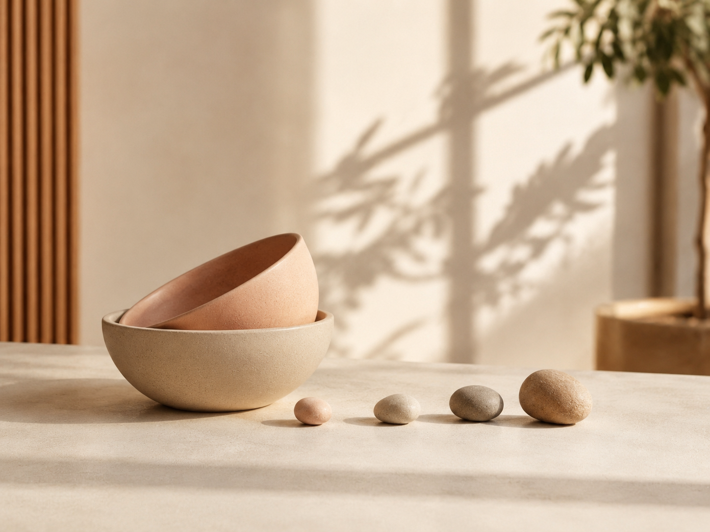 Set di ciotole sovrapposte di ceramica color naturale e rosa, con cinque pietre posizionate davanti, in un ambiente con luce naturale e ombre di piante sullo sfondo.