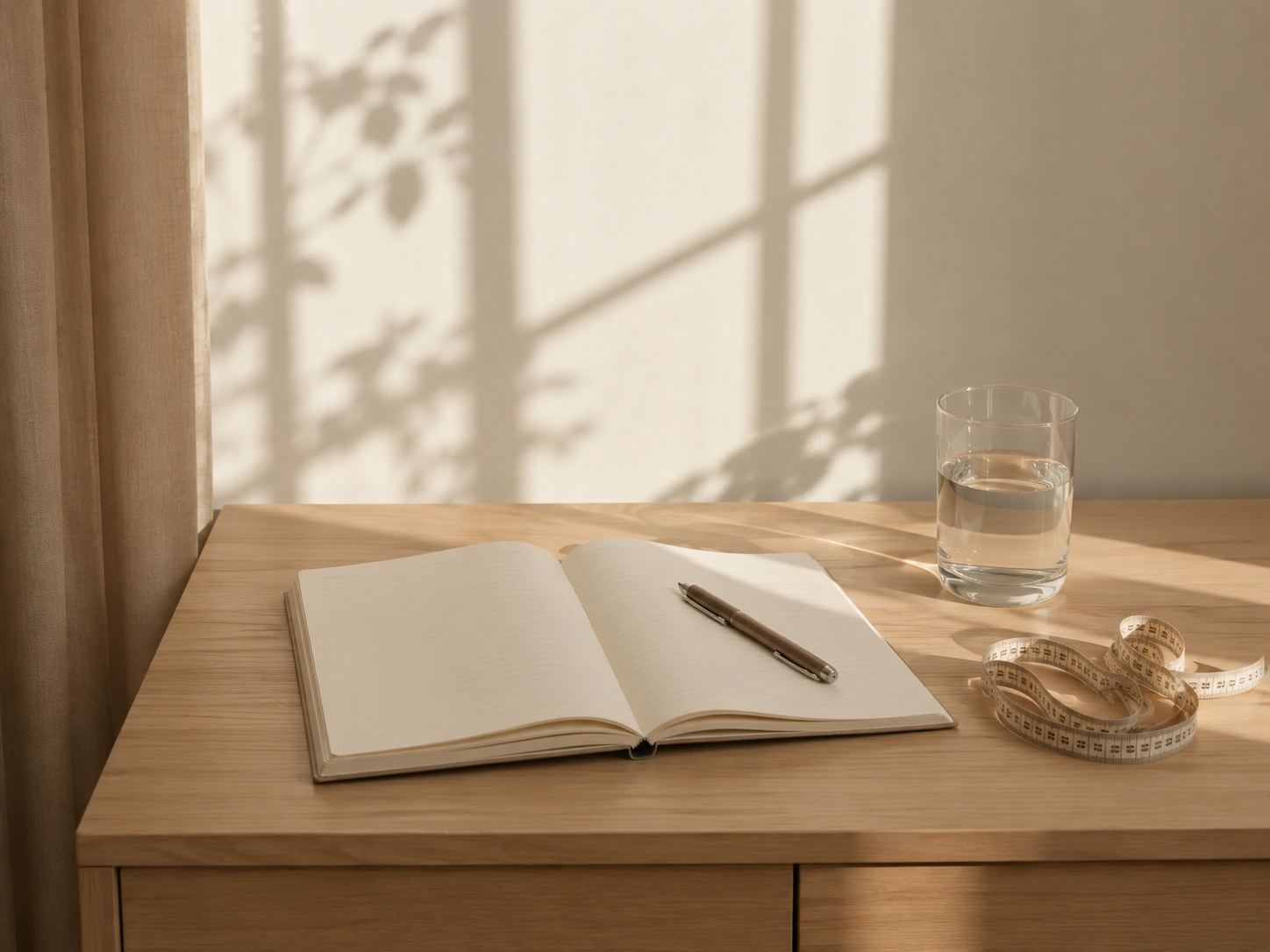 Tavolo di legno con quaderno aperto, penna, bicchiere d'acqua e metri da sarta, con luce naturale che proietta ombre sulla parete