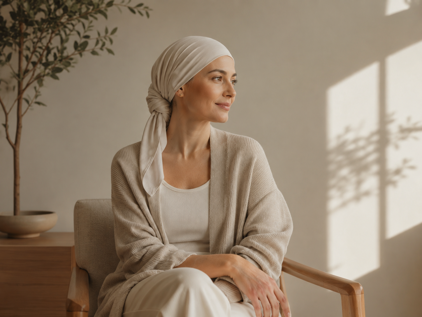 Una donna con un foulard bianco seduta su una sedia di legno in una stanza luminosa, con una pianta sullo sfondo e una finestra che lascia entrare luce naturale.