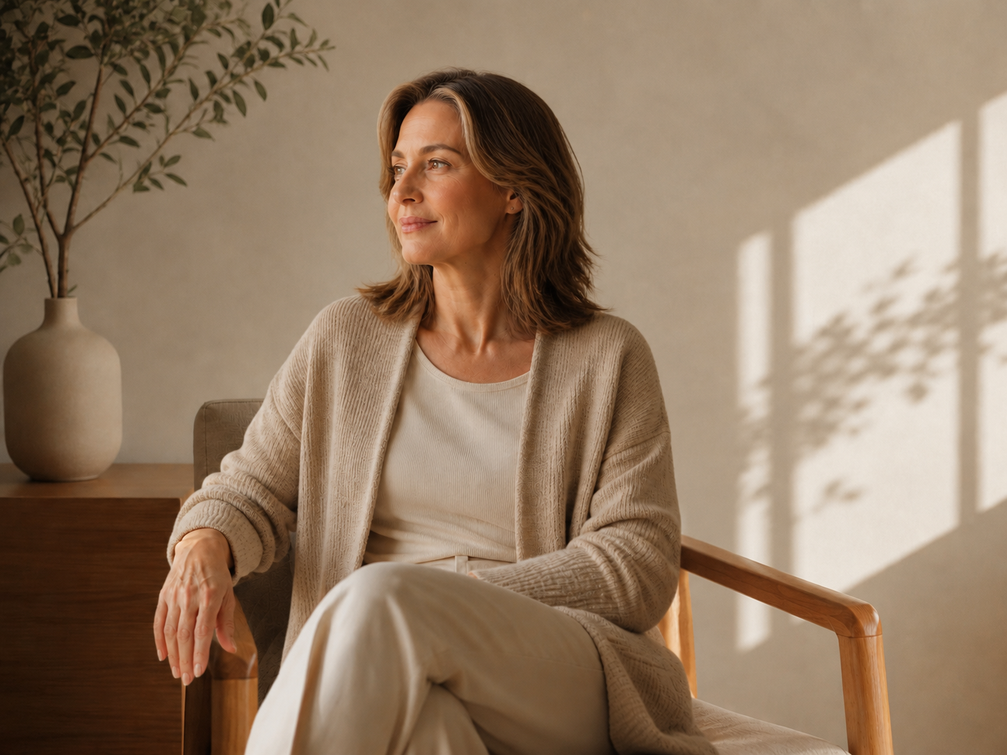 Donna seduta in poltrona, vista di profilo, con luce naturale che entra da una finestra e crea ombre sul muro alle sue spalle, atmosfera calda e tranquilla.
