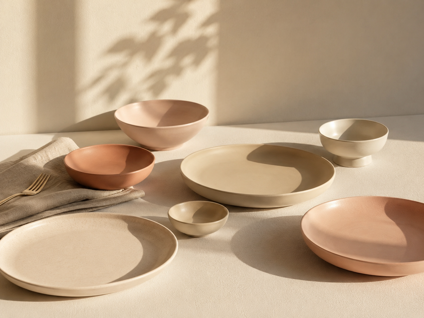 Set di ciotole e piatti di ceramica in tonalità neutre e pastello, disposti su una superficie chiara con ombre morbide