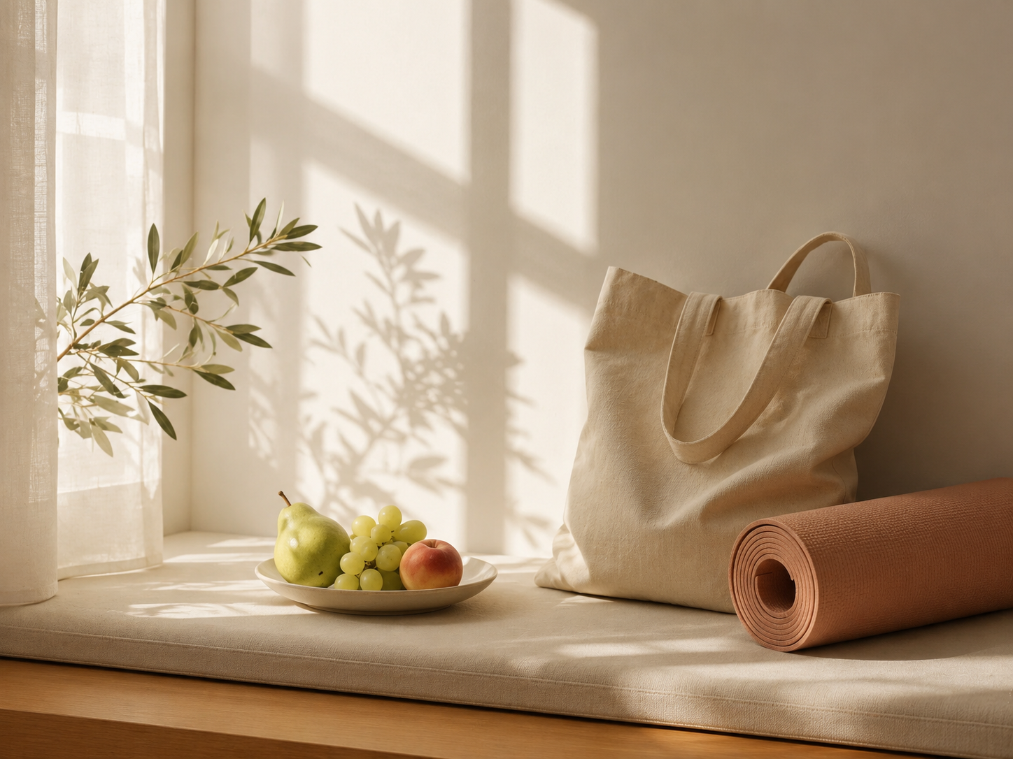 Una panca con frutta, una borsa beige, un tappetino da yoga arancione, una pianta e una finestra che lascia entrare luce naturale.