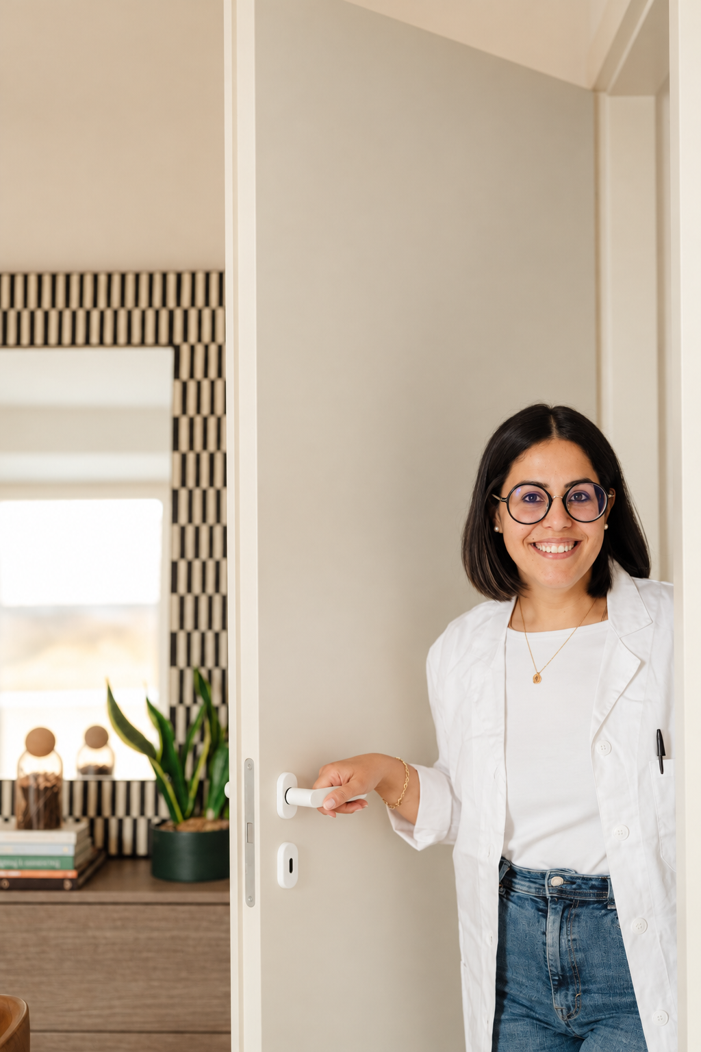 Dottoressa chirurgo valeria quintodei nutrizionista sorridente con occhiali entra in una stanza aprendo una porta dello studio medico per un paziente