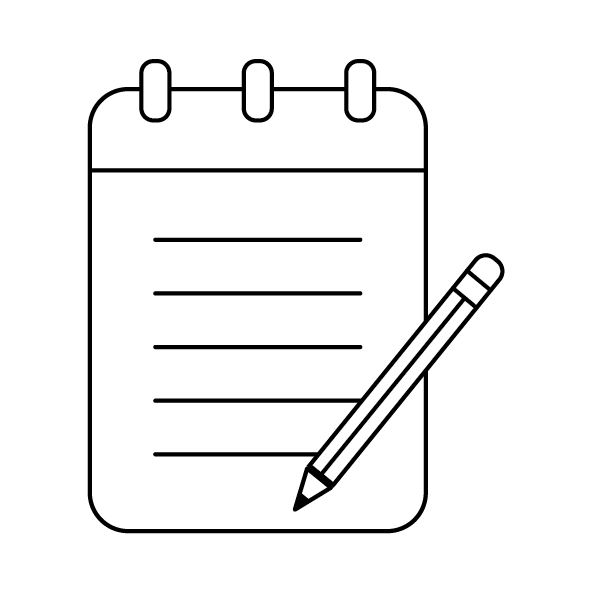 Ilustration of a notebook with three white rings at the top and a white pencil diagonally placed below the rings.