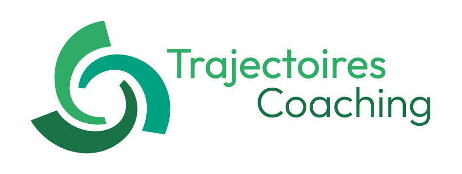 Logo for Trajectoires Coaching featuring green and blue circular shapes and green text.