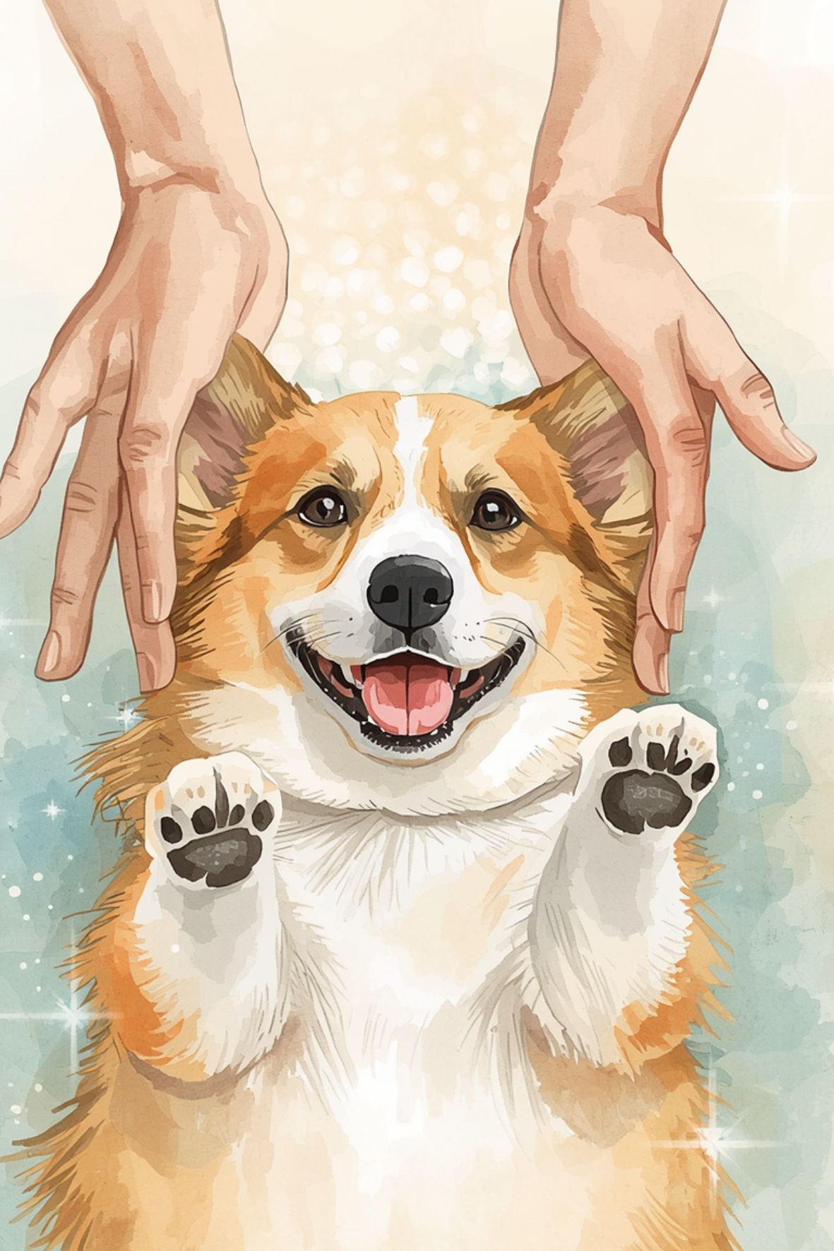 A cartoon-style image of a happy Corgi dog lying on its back with paws up, surrounded by hands gently petting its head, with a sparkly background.