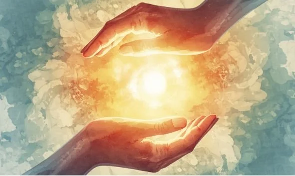 Two hands are positioned above and below a bright light with a glowing, fiery appearance, set against a cloudy sky background.