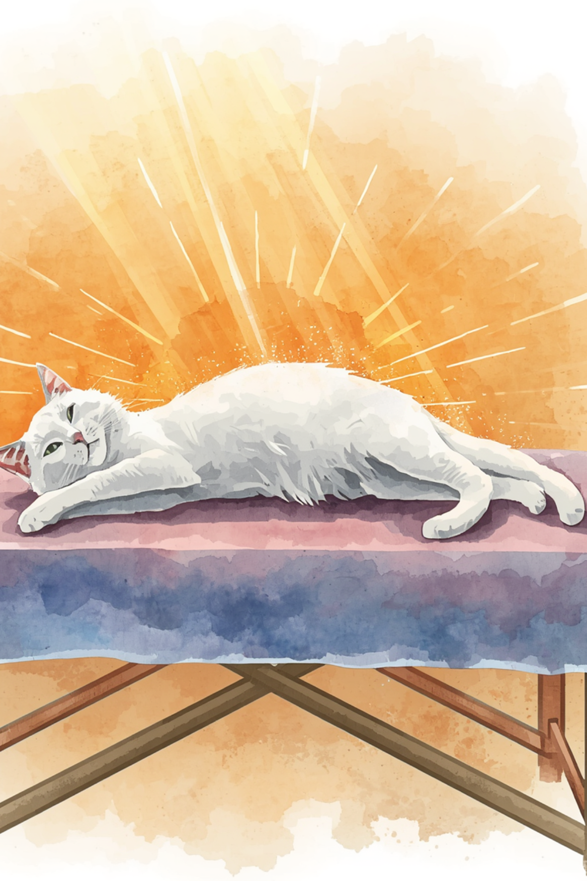 A white cat lying on a table with a colorful cloth, with a radiant yellow and orange background and light rays emanating from behind the cat.