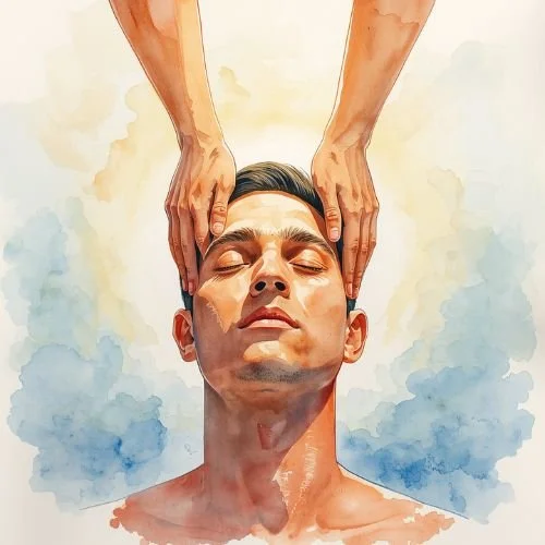 A person receiving a massage with hands on their head, eyes closed, face relaxed, watercolor-style illustration.