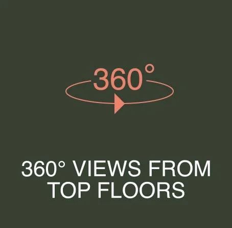 Graphic showing 360-degree rotation with text "360° Views From Top Floors".