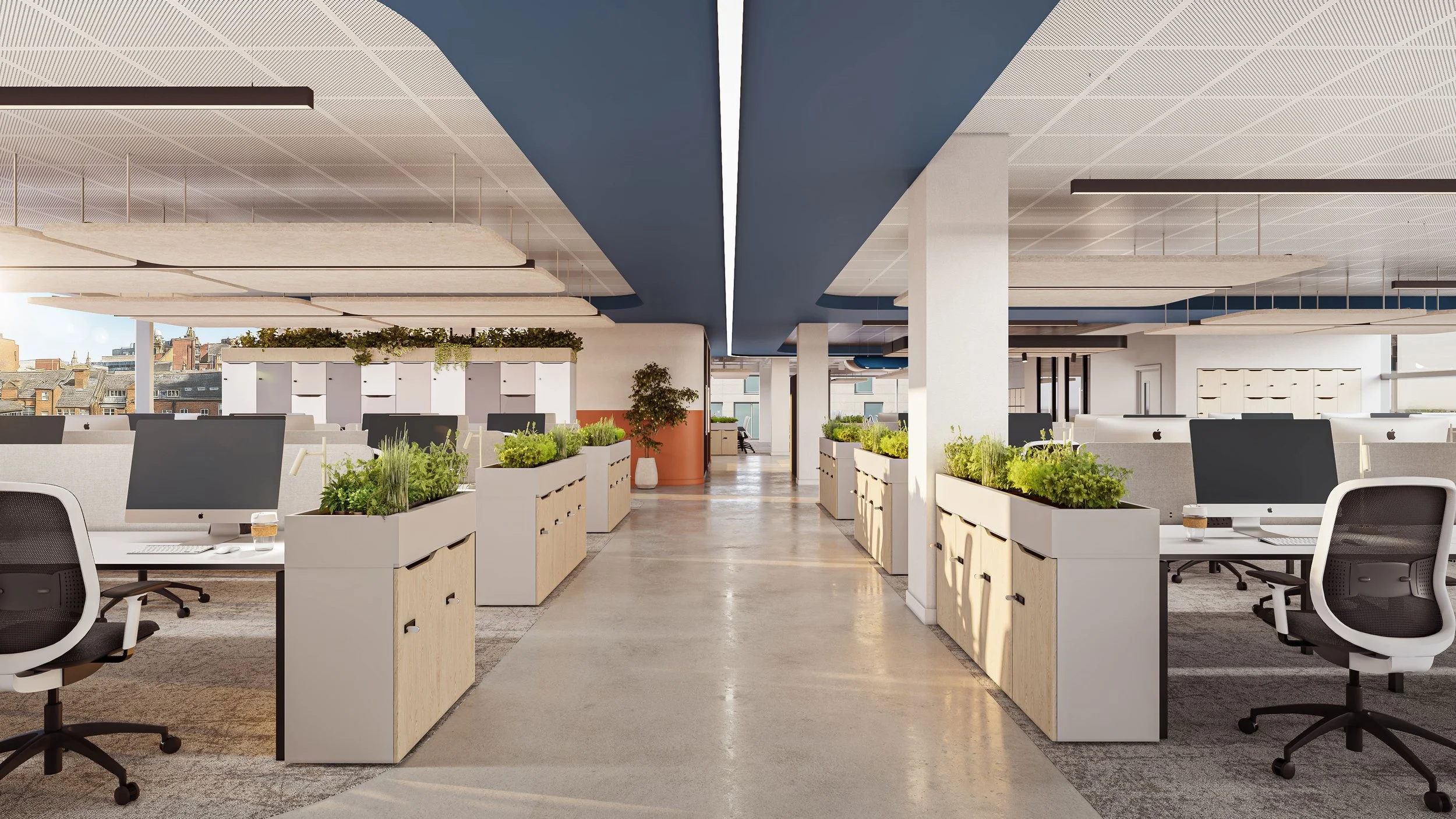 Modern open-plan office with rows of desks, plants, and large windows showing a cityscape.