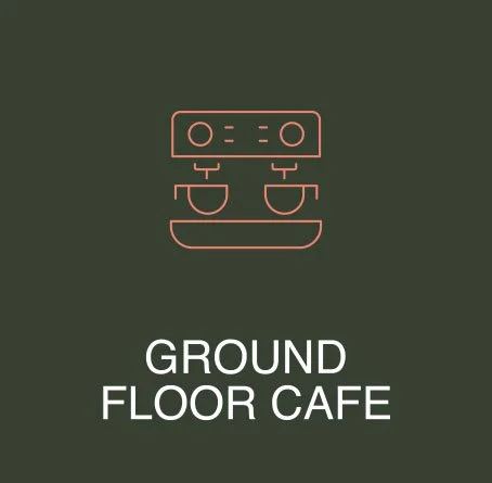 Logo of Ground Floor Cafe featuring a minimalist line drawing of a coffee machine above the text 'Ground Floor Cafe' on a dark green background.
