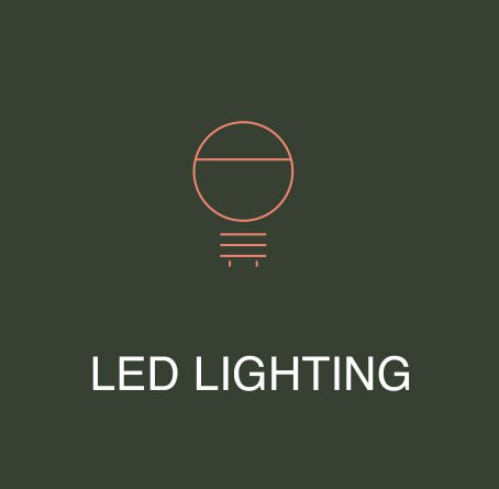 Minimalist graphic with a neon pink light bulb icon above the text 'LED LIGHTING' on a dark green background.