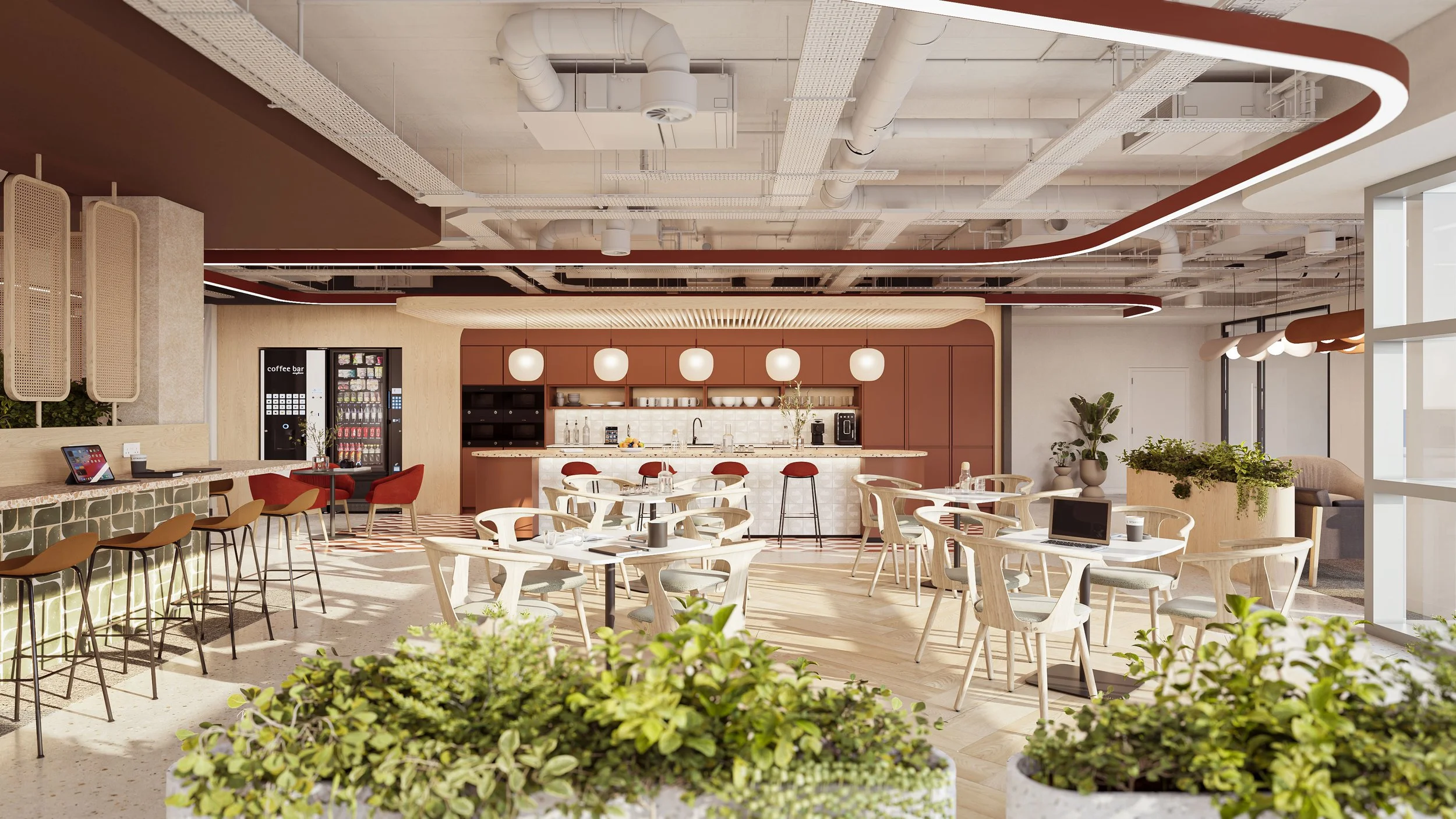 Modern indoor cafe with seating areas, a coffee counter, and a kitchen area with hanging lamps, plants, and trendy decor.