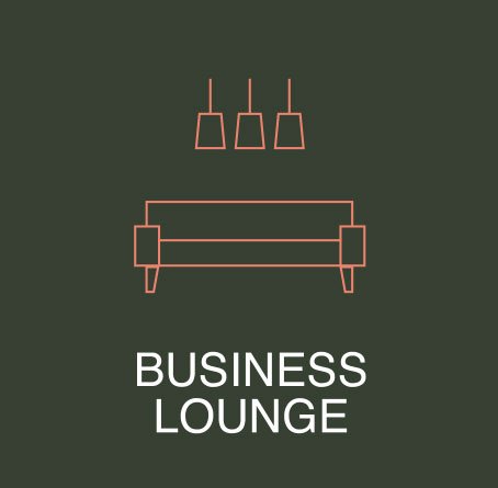 Minimalist graphic of three hanging pendant lights above a couch, with the text 'Business Lounge' beneath.