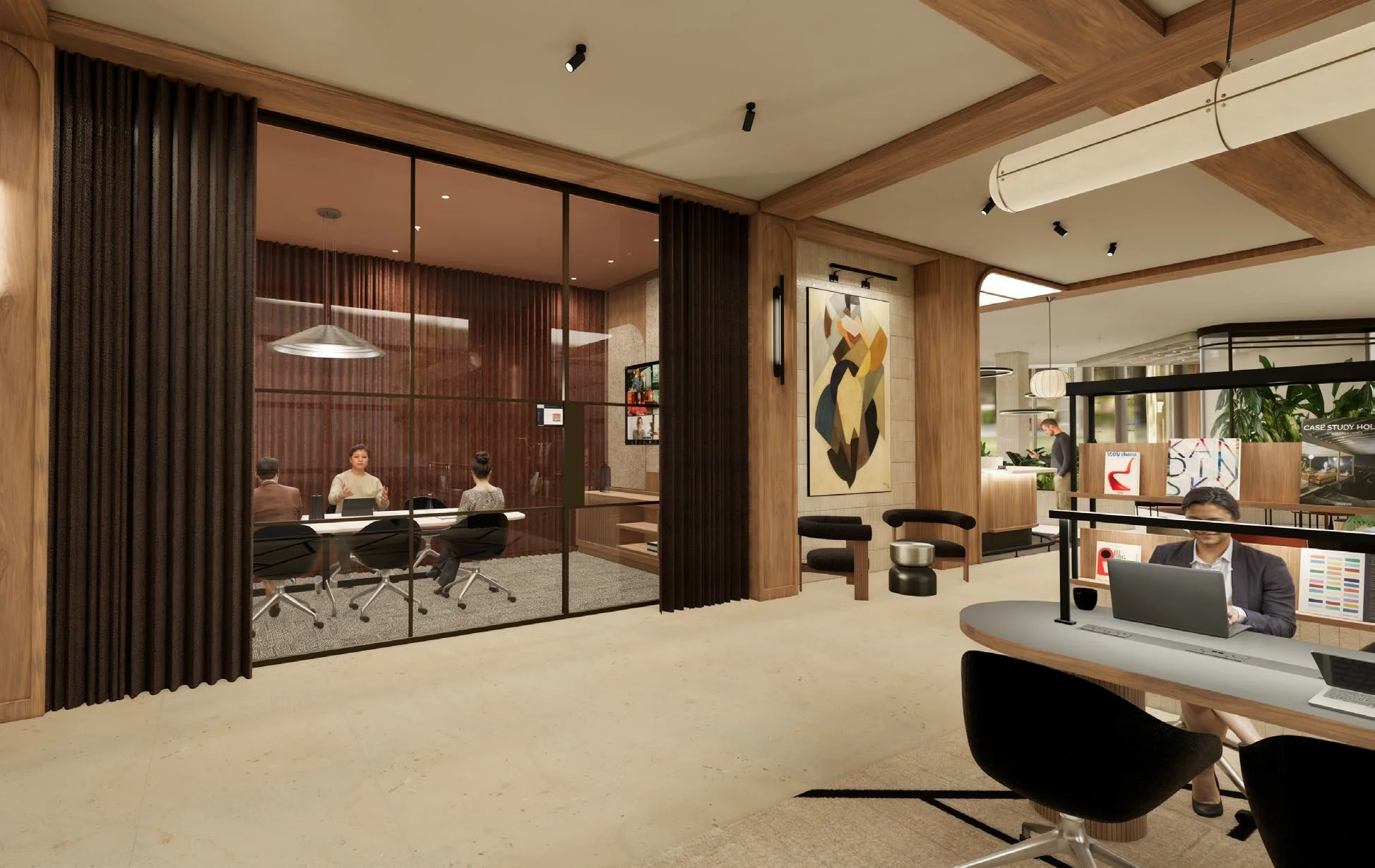 Modern office lobby with glass-enclosed meeting room, wooden accents, artwork, and people working at desks.