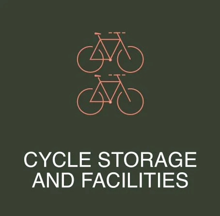 Icon of two bicycles above the words 'CYCLE STORAGE AND FACILITIES' on a dark green background.