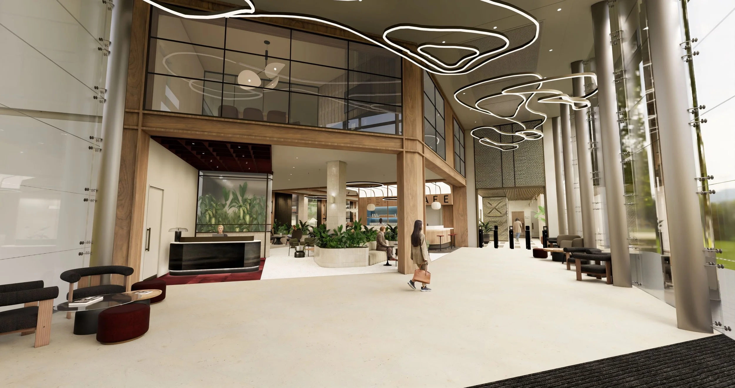 Modern hotel lobby with high ceilings, large glass walls, and contemporary lighting fixtures, featuring seating areas with chairs and tables, and some plants.