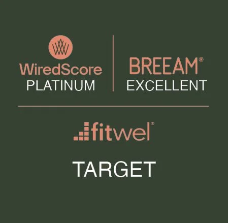 A graphic showing three logos: WiredScore Platinum, BREEAM Excellent, and fitwel Target, on a dark green background.