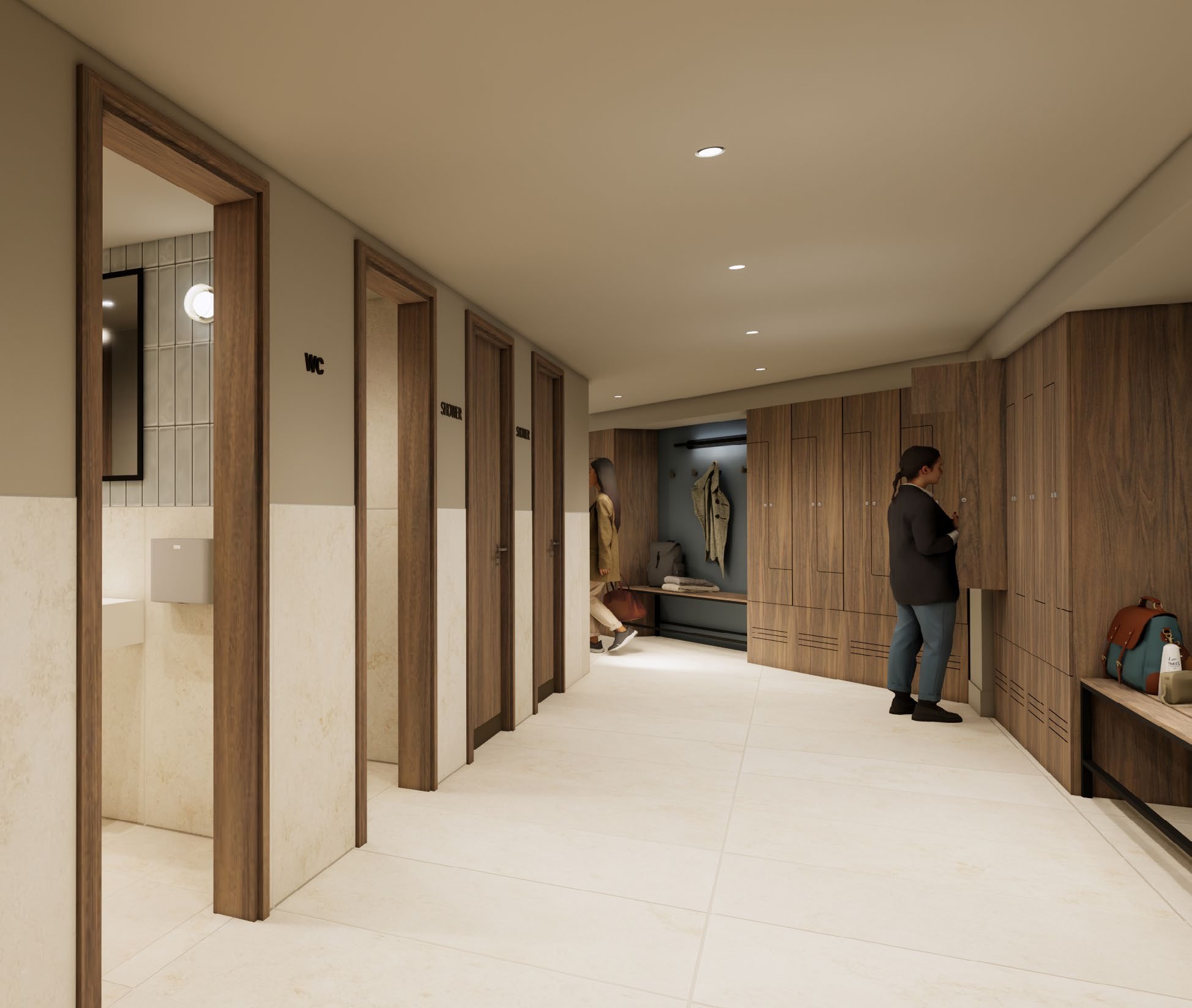 Interior of a modern hallway with wooden lockers, people standing near lockers, and bathroom doors labeled 'WC' and 'shower'.