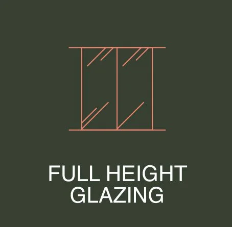 Diagram of a glass shower door with full height glazing, showing the door's glass panels and frame, on a dark background with white text.