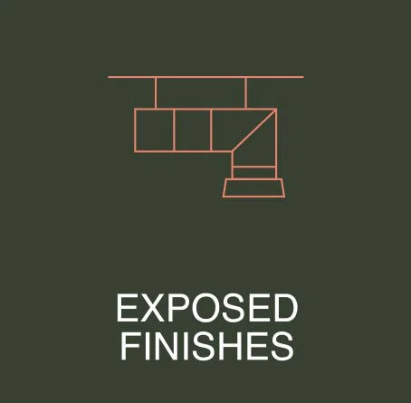 A graphic showing a simplified outline of a painting or picture hanging on a wall with the words "Exposed Finishes" below it.