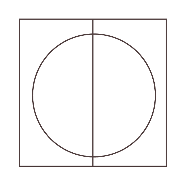 Geometric drawing of an outline square with sections divided by vertical, horizontal, and circle lines.