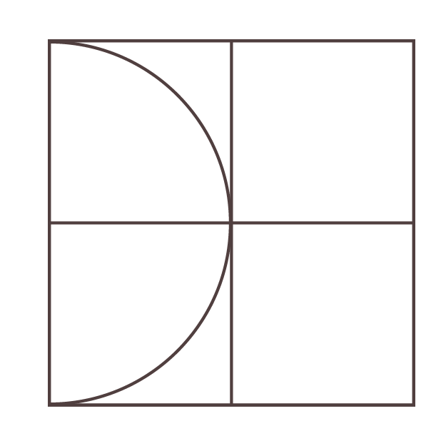 Geometric drawing of an outline square with sections divided by vertical, horizontal, and diagonal lines.