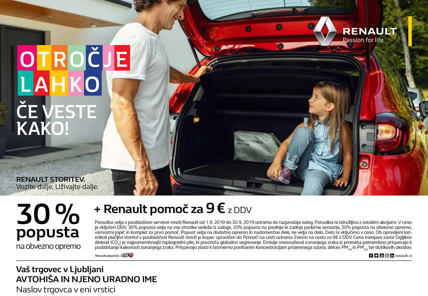 A smiling man and a young girl sitting in the open trunk of a red Renault car, engaging in conversation outdoors in front of a modern house. The car is parked on a driveway surrounded by trees. The image is part of an advertisement promoting Renault 