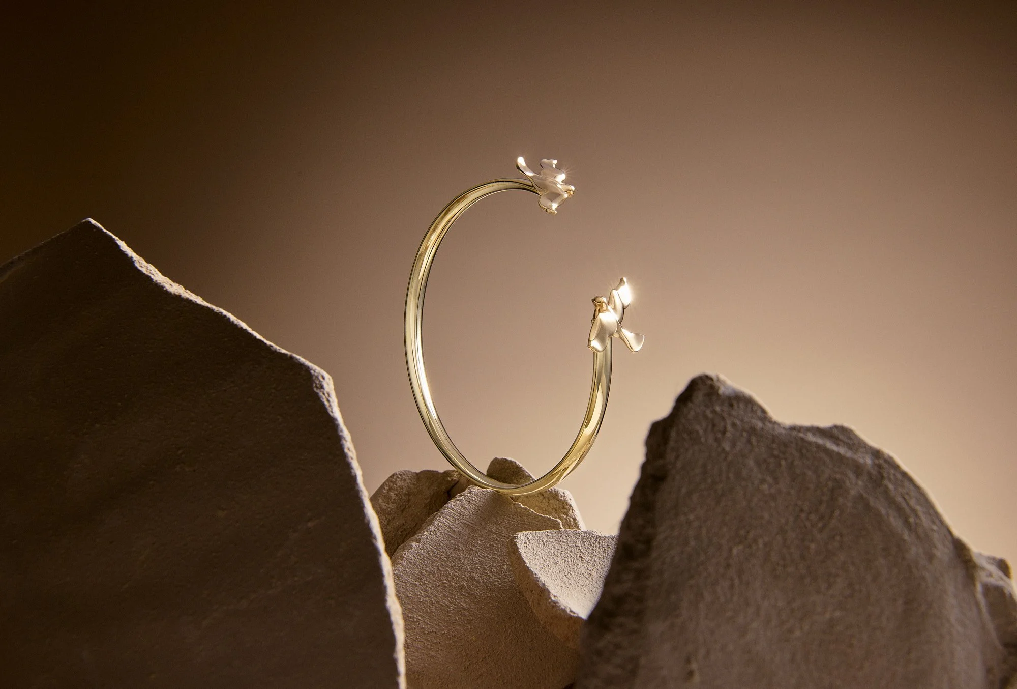 A silver ring with a small sculpture of a dragon on top, placed among rocks with a warm, gradient background.