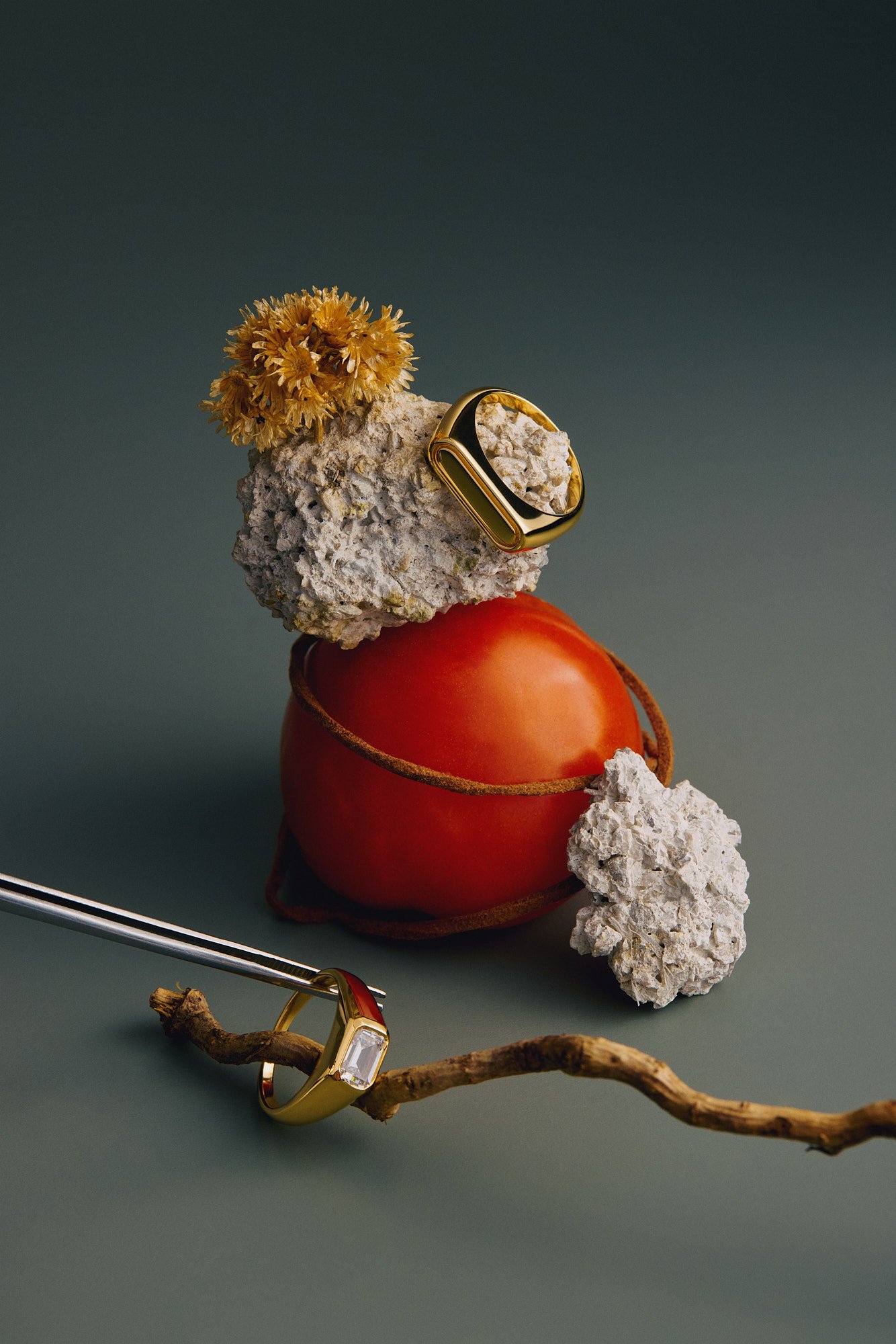 Close-up of jewelry including a gold pdpaola ring with a rectangular gemstone and a gold smartwatch with a white band, arranged on rocks and twigs against a dark background.