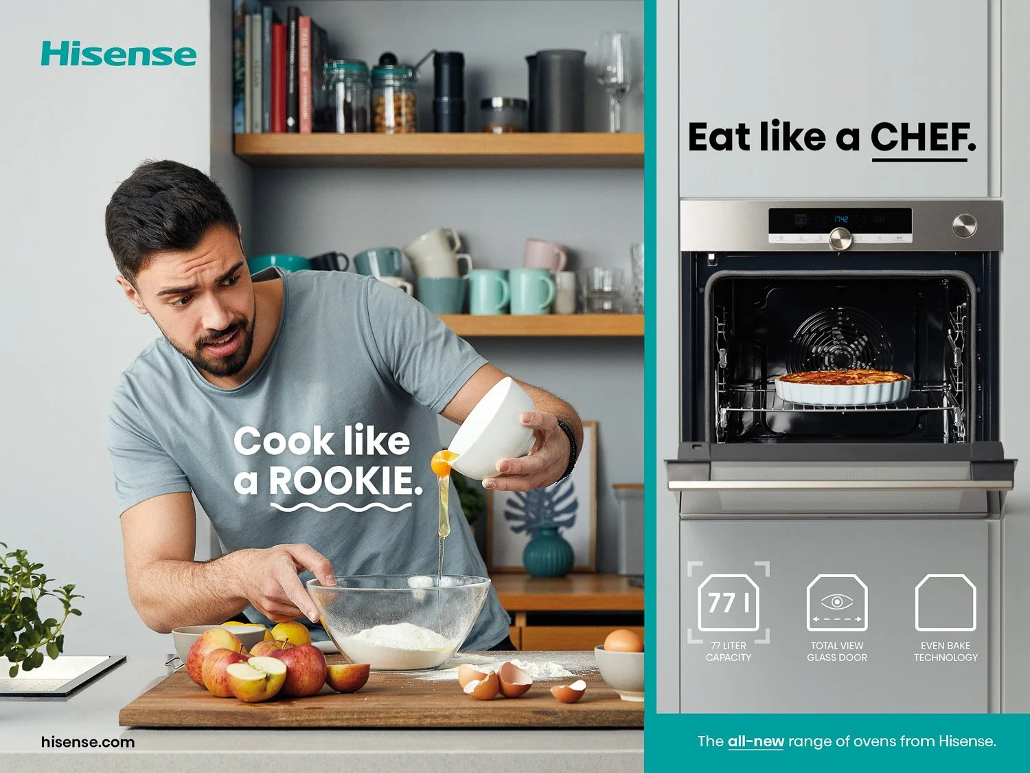 A man preparing a pie in a modern kitchen with open shelves, colorful cups, and a countertop with apples, eggs, and a mixing bowl, promoting cooking like a professional with Hisense oven.