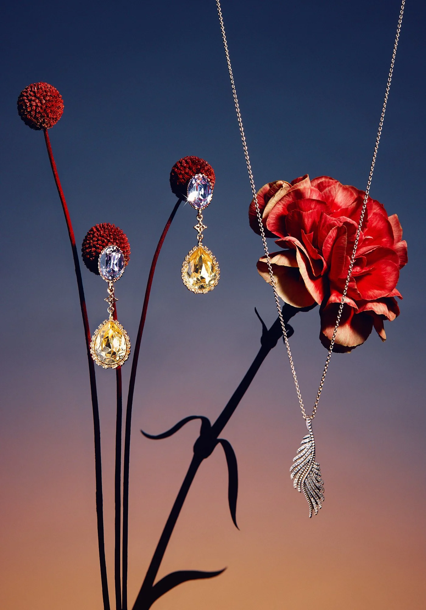 A bouquet of dark red flowers with long stems, with jewelry including dangling earrings with large gemstones and a silver necklace with a leaf pendant hanging among the flowers, against a sunset sky background.