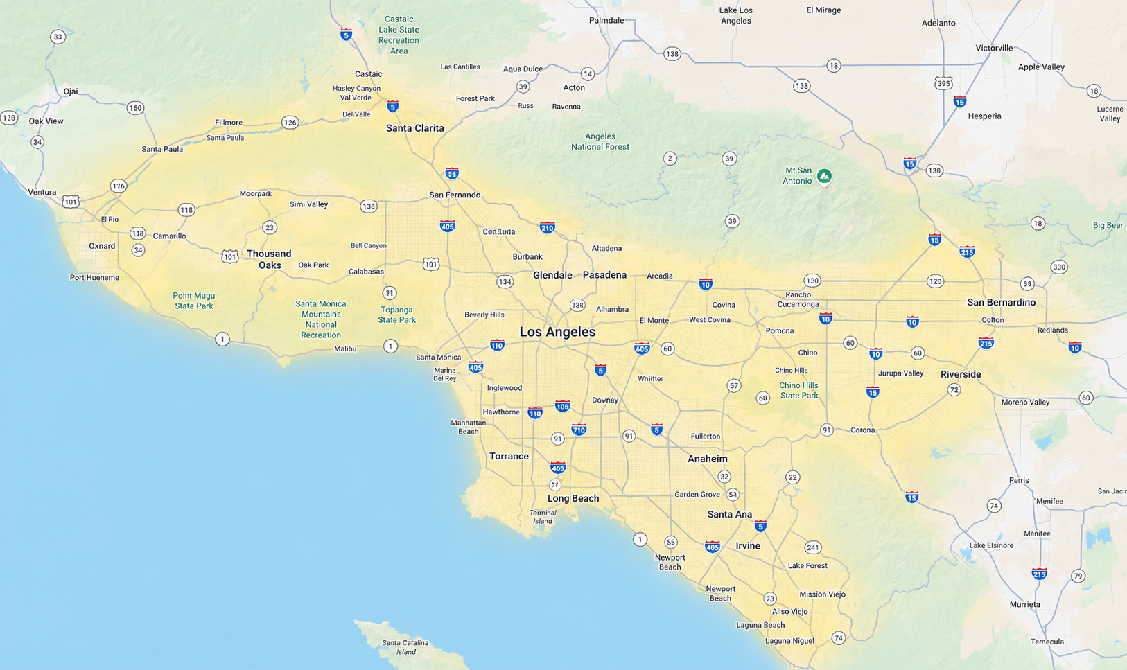 Top Quality Air Care service area map covering Los Angeles County, San Fernando Valley, Santa Clarita, Ventura County, and surrounding Southern California areas.